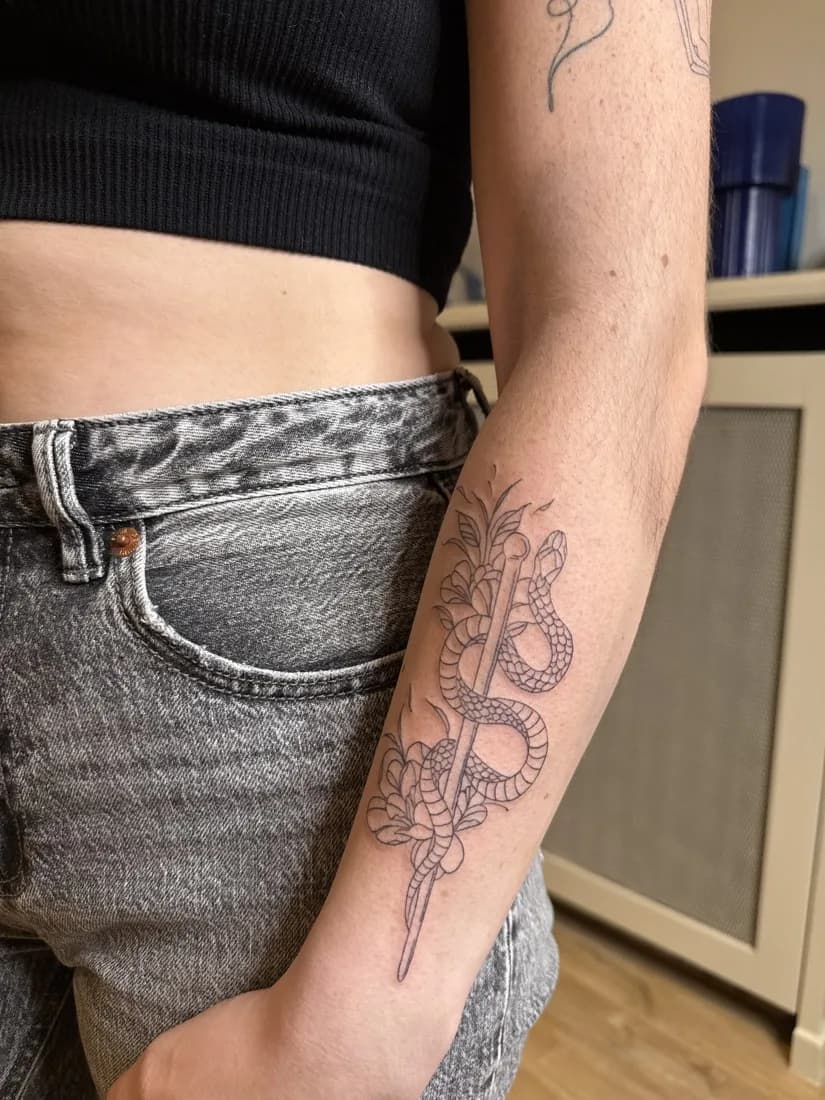 Serpent ornemental et fleurs le long de l’avant-bras